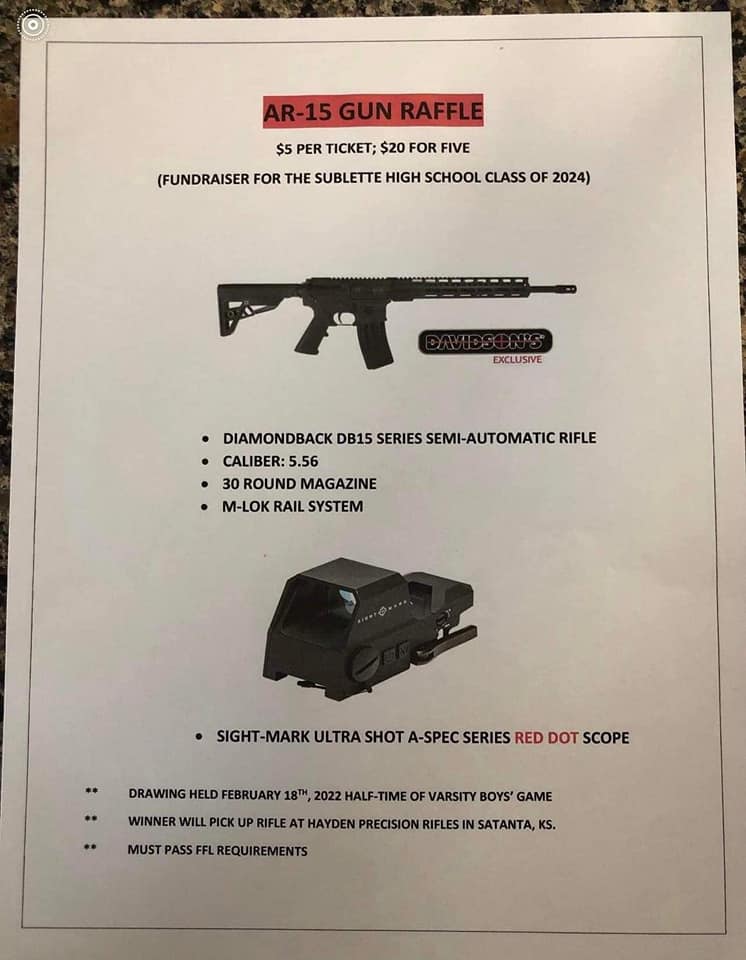 TheMaddieEvans's tweet image. Is this as horrible an idea as I think it is? Tone deaf? 

Sublette High School (@SubletteHigh in Kansas) is raffling off an AR 15 through the school.