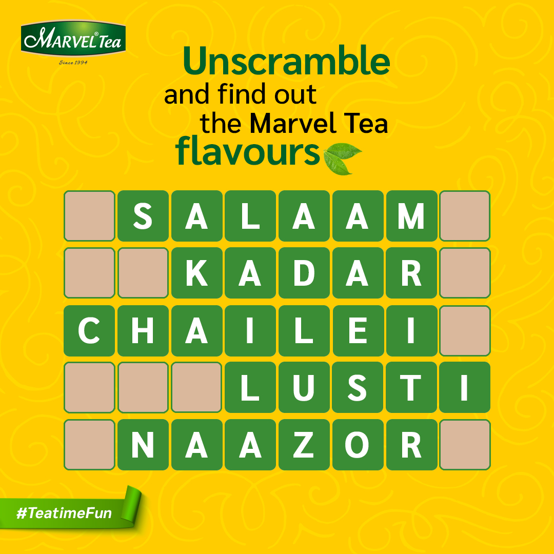 marvellimited's tweet photo. Today we’ve a fun game for you. Unscramble the names of #MarvelTeaFlavours and comment them down below.
Hint: Refer https://t.co/oMcTKNgM0L official #MarvelTea website.
#sundayfunday #teatimefun https://t.co/K28dtdOmBV