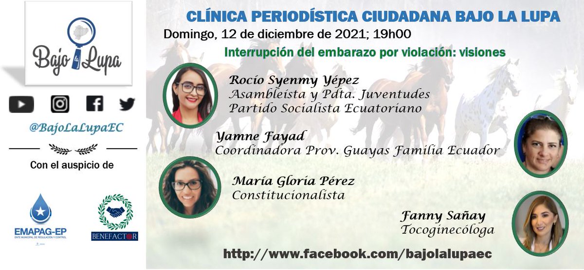 🔴 Mañana 7PM diagnóstico #bajolalupaEC

Interrupción del embarazo por violación: visiones

<a href="/SyenmyYepez/">Rocío Syenmy Yépez</a>, asambleísta y Pdta. <a href="/Juventud_SE/">JSE</a>

#YanmeFayad, Coord. Prov. Guayas <a href="/_FamiliaEcuador/">FAMILIA ECUADOR 🛡</a>

<a href="/mariagloriapp/">María Gloria Pérez Paredes</a>, constitucionalista

#FannySañay, tocoginecóloga

facebook.com/bajolalupaec