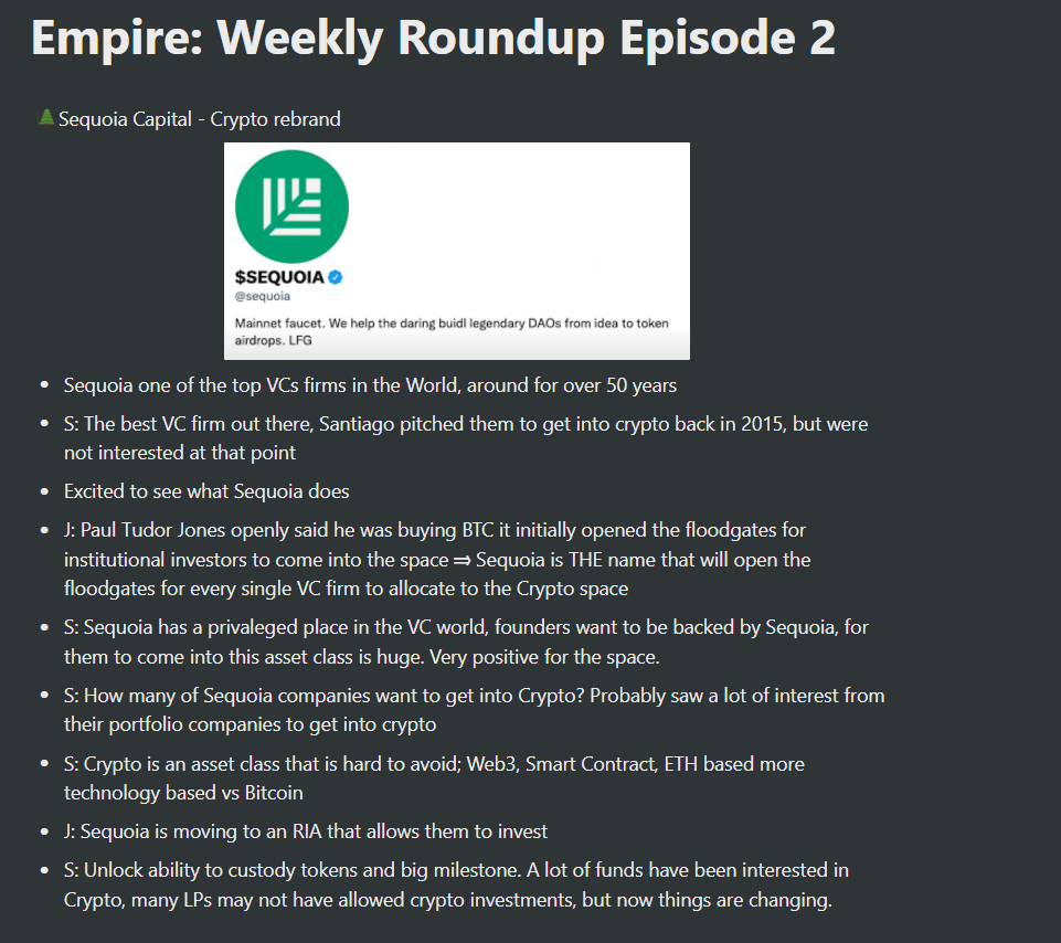 analyticalali's tweet photo. 🎙️💧 Weekly Roundup Episode 2 of Empire is out with @santiagoroel and @JasonYanowitz - summary notes below:

> @sequoia 
> Institutional Investors
> @SushiSwap 
> DAOs
> ZK Rollups

@blockworks https://t.co/ZlnLFMsyyf
