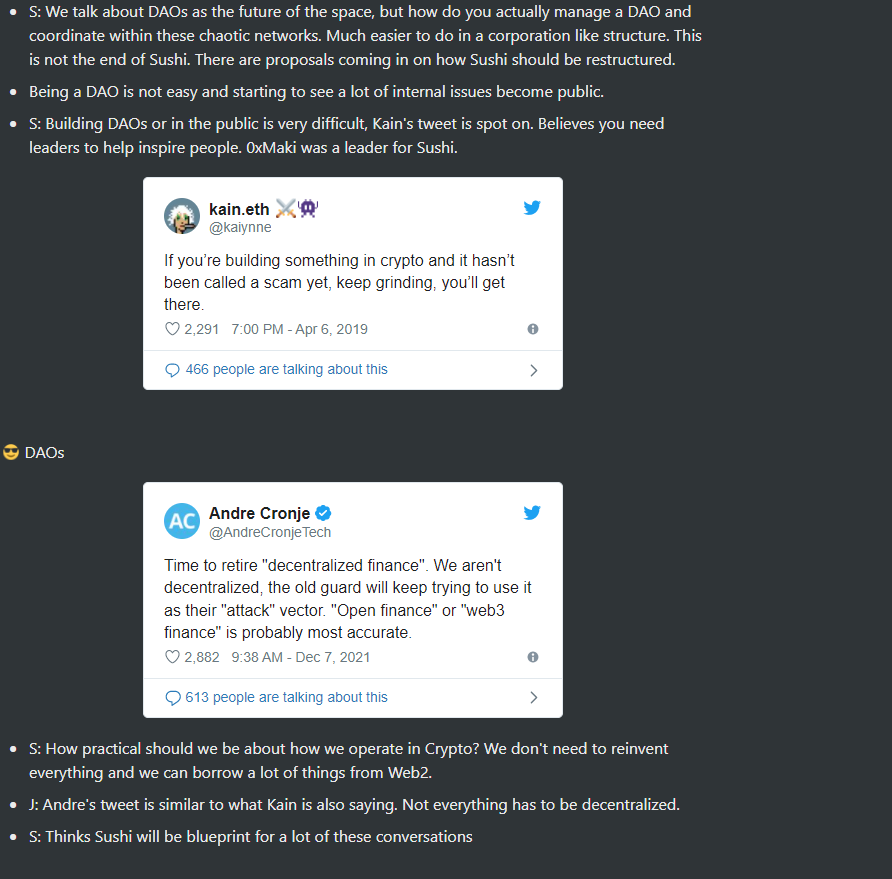 analyticalali's tweet photo. 🎙️💧 Weekly Roundup Episode 2 of Empire is out with @santiagoroel and @JasonYanowitz - summary notes below:

> @sequoia 
> Institutional Investors
> @SushiSwap 
> DAOs
> ZK Rollups

@blockworks https://t.co/ZlnLFMsyyf