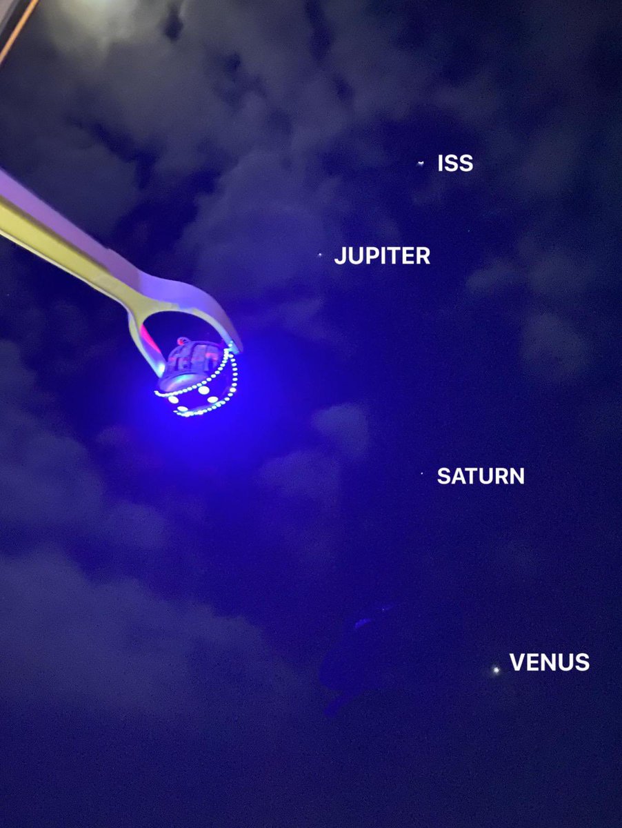 JamesVanFleet's tweet photo. Did the stars align or what? @RoyalCaribbean #NorthStar, #Saturn, #Jupiter, #Venus, and the #ISS captured by our guest Anthony Garcia. Thank you Captain Per for sharing these with us! https://t.co/UvynHEp26r