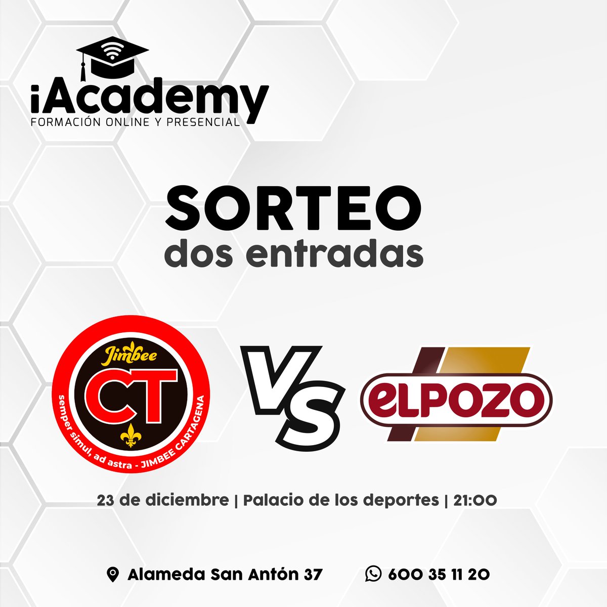 iAcademy__'s tweet photo. 🎉 SORTEO🎉
¡Sorteamos de dos entradas para el derbi del  @JimbeeCartagena vs @ElPozoMurcia_FS !

Para participar cita el tuit mencionando con quién irás a ver este partidazo con el hastag #iAcademySorteo y síguenos.

También puedes participar en Facebook e Instagram. https://t.co/GiQiFVJpUT
