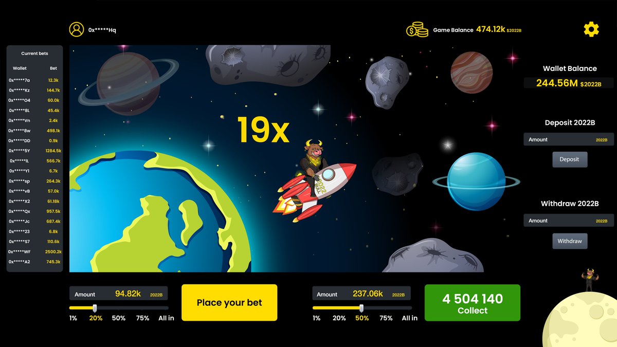 SpaceBull™ Game 🚀 Be ready to launch your NFT Bull to the Moon and beyond, to win as much $2022b tokens as you can 💰!
But don't be too greedy, the rocket might explode... Stay tuned.
#BlockchainGaming #cryptocurrency #BSC #BSCGem #Metaverse #NFTGame #NFT #BNB #GameFi #Presale
