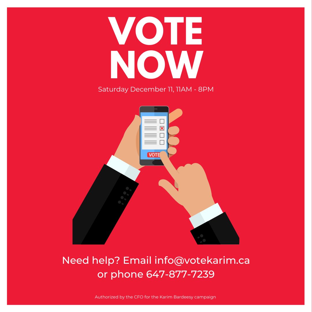 vote_karim's tweet photo. There are less than 3 hours to vote! Polls close at 8PM🕗 If you need help, or haven’t received your voting PIN email info@votekarim.ca or phone 647-877-7239. #onpoli #KB4PHP #ParkHP https://t.co/MC2obWbVUt
