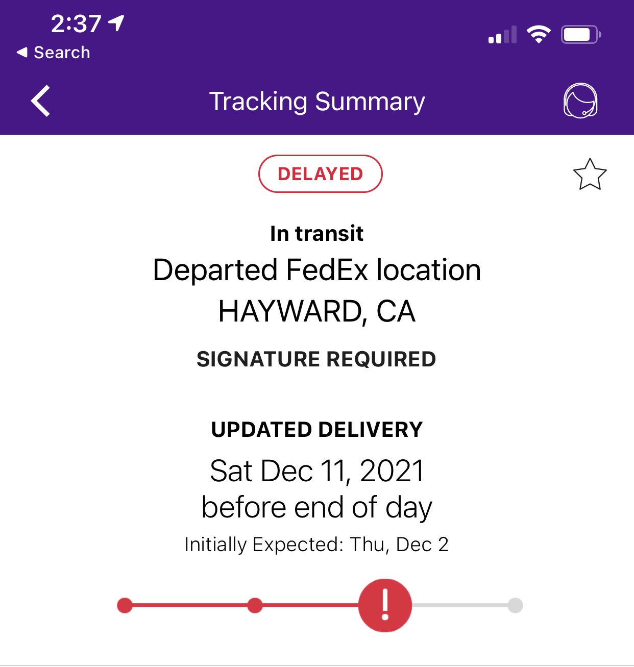 Almost feel bad for ⁦⁦@FedEx⁩’s God awful performance these days. Nothing arrives on time and their systems are so clunky you don’t know where your packages are, just where they were last scanned. This is a case of wine that was due to arrive on Dec 2. ETA: 🤷‍♂️, not today https://t.co/X01OSz6qZV
