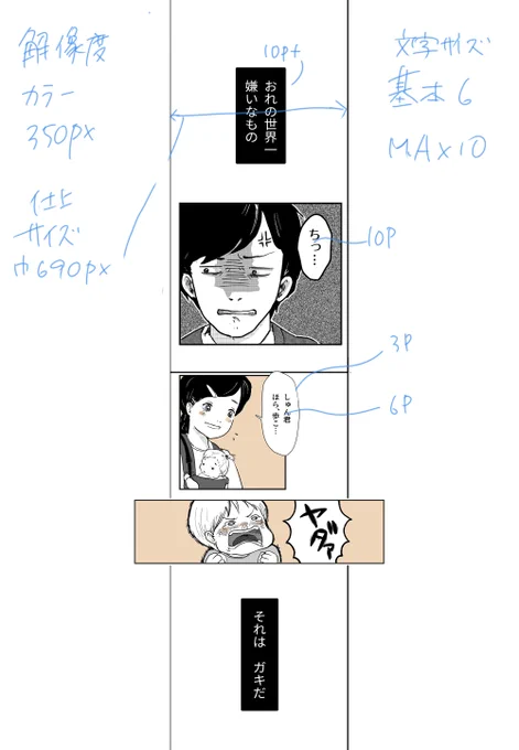 今日21時に #コレドナ 課題漫画「元幼児嫌いが幼児になった話」あげます～。
ページ漫画じゃなく縦スクにしたい!と思ったはいいがいざ置き換えるとなると結構大変だった…
置き換えた時の文字サイズとかフキダシ太さとか云々メモしといたやつ上げといてみる。
画面で見た印象の参考になれば。 