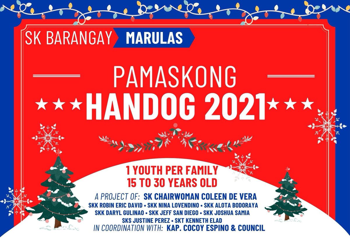 SKMarulas's tweet photo. PAMASKONG HANDOG 2021 💚❤️

Antayin po ninyo kami sa inyong mga bahay upang ibigay ang ticket na naglalaman ng DATE and LOCATION kung saan icclaim ang pamaskong handog. 🎄

Advance Merry Christmas mga Kabataang Maruleño! https://t.co/FXoNVbOUru