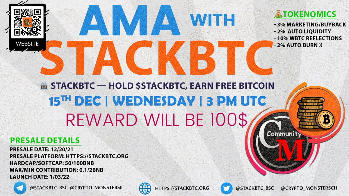 Promothuo's tweet image. #Crypto_Monsters is pleased to announce its next #AMA With #StackBTC 15th Dec, 15:00 UTC

Follow:
@MonstrCM
@StackBTC_BSC

And join the telegram :
@Crypto_Monsters0
@StackBTC_BSC

#Like &amp;amp; #Retweet and #ask your question   &amp;amp; Do not ask more than three #questions