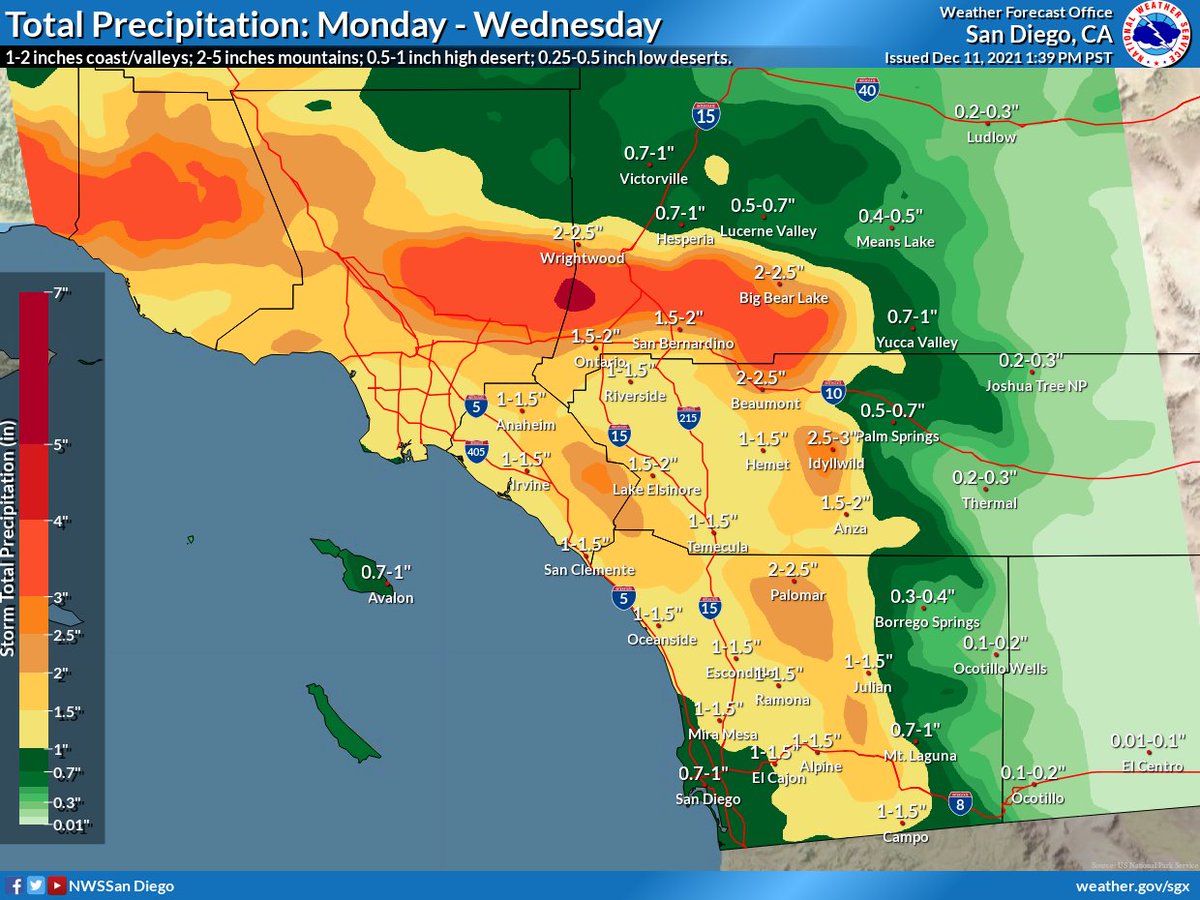 NWSSanDiego's tweet photo. Current precipitation estimates for the storm expected between Monday and Wednesday. Most of the precipitation will likely fall during the day on Tuesday. #CAwx https://t.co/vNKpLdBOT4