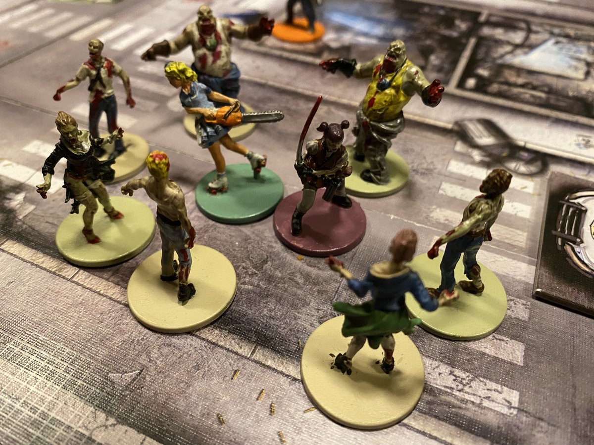 CarlMarsalis's tweet photo. Beat the Zombicide scenario but only barely. Roller skating chainsaw wielding Wanda and my katana slicing Amy got infected after cutting our way trough a horde 🧟 #BoardgameWeekend https://t.co/ZMG5CeTyse