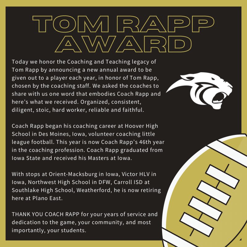 PlanoEastFB's tweet photo. To end our ceremony, we honored a legend of the profession for his 46 years of service.

As the namesake and presenter, the first annual Tom Rapp award was presented to @AtchleyJaxon.

“I told you I wouldn’t retire until you graduate and it’s been an honor to be your coach.” #WIT https://t.co/urixZBADLy