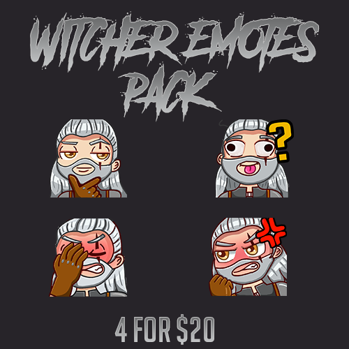 The Witcher Emote Pack is now available! 
4 emotes for $20 ^.^ 
Custom emotes $10 each
#twitchemotes #TheWitcher #emotes #emoteartist