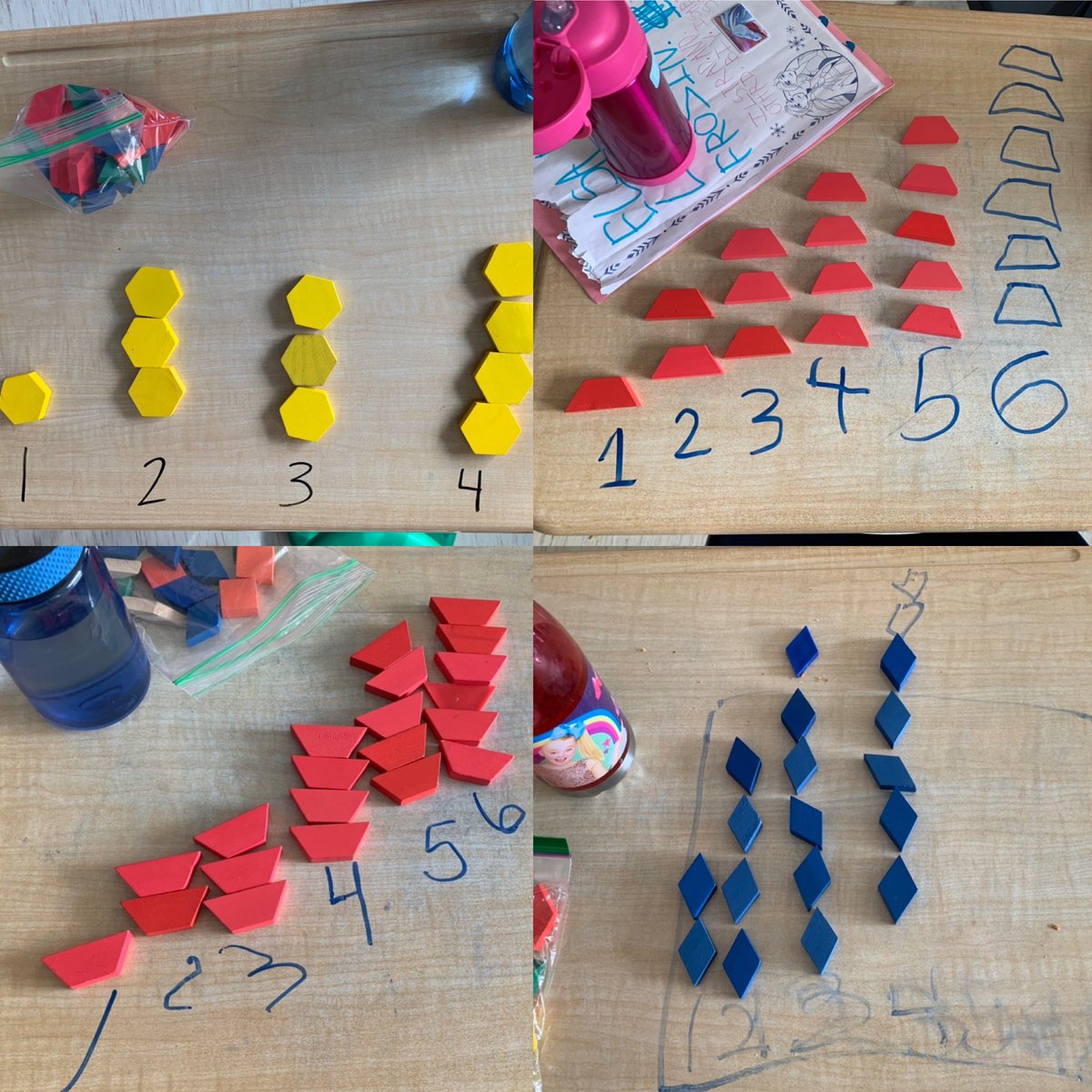 Our pattern exploration has progressed to creating and extending growing patterns. Try creating some patterns at home and then play ‘guess my rule’ with your family.