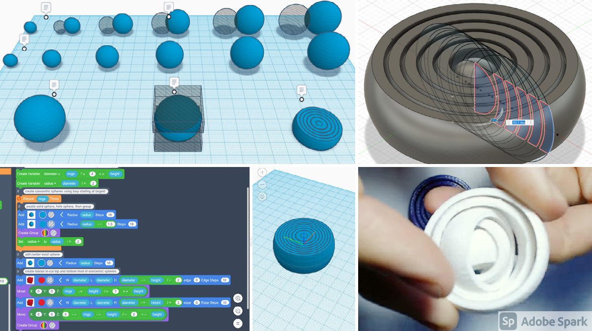 tinkercad's tweet photo. mjdargen shares how to make this gyroscopic fidget ring with three different methods: Tinkercad 3D design, Tinkercad #Codeblocks, and @adskFusion360

https://t.co/1y0E4q98x3 https://t.co/YLZf8VSq12