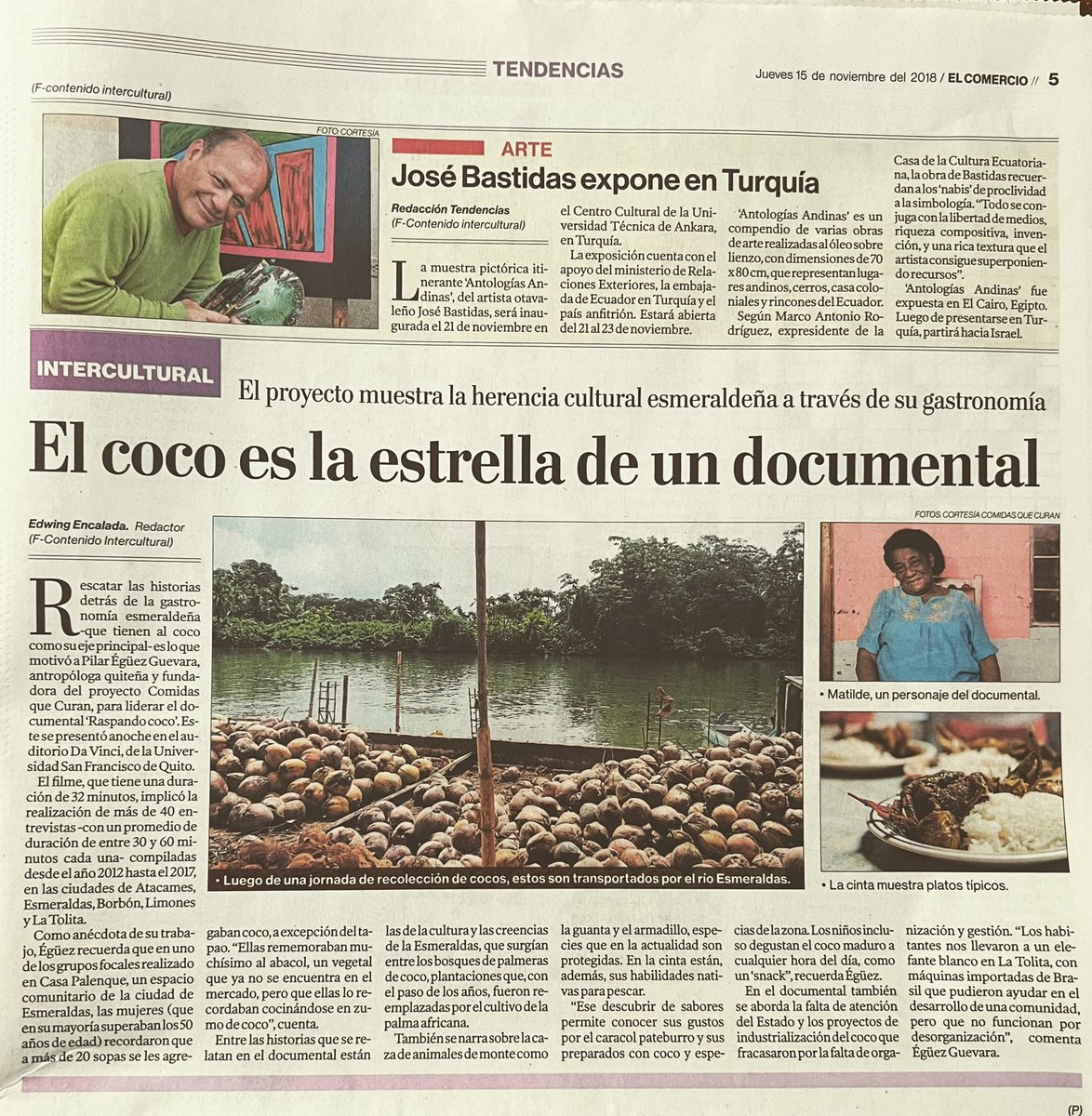 pilareguez's tweet photo. Recuerdos del estreno de #RaspandoCoco @usfq uno de los asistentes era un estudiante esmeraldeño de gastronomía. Nos felicitó por representar su cultura y dijo que el documental le había transportado a su casa a las comidas que prepara su mamá. En mi mente dije ‘misión cumplida’ https://t.co/qqV53vtO08
