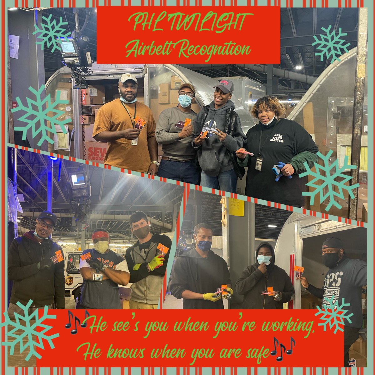 Here at PHL Twi, we recognized the hottest area in Santa’s Workshop. Great job to all the Ladies & Gents that work this belt throughout the year. Random Recognition for Team Work & Load Quality. @BobKee6 @MichelleRobUPS @JohnEitel2 @BrownDenelle