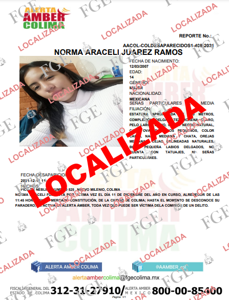AAMBER_col's tweet photo. Nos es grato informar que ha quedado desactivada la Alerta que se emitió por la desaparición de la menor, NORMA ARACELI JUAREZ RAMOS, debido a que ya fue localizada. https://t.co/y4tJnTNovp