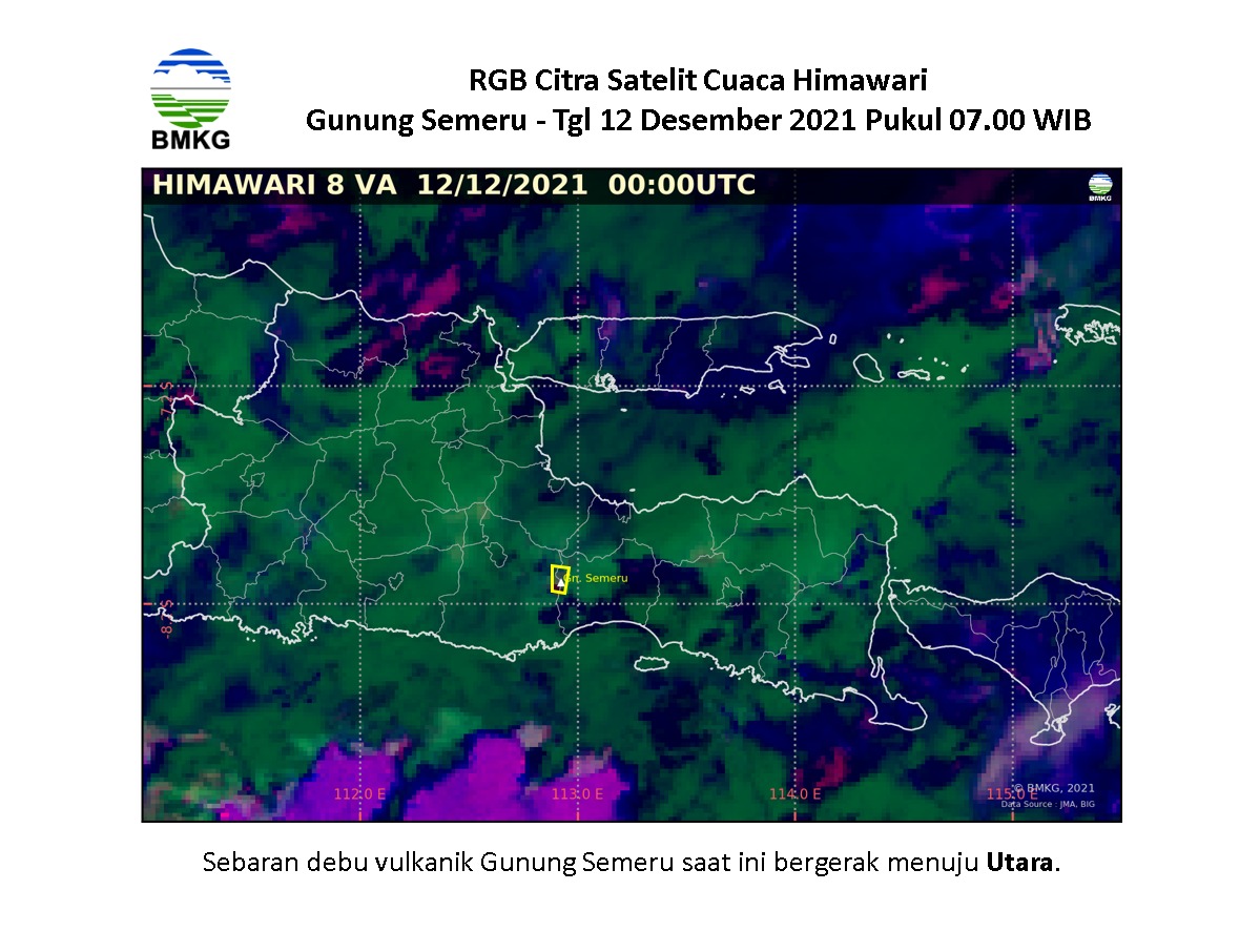infobmkgjuanda's tweet photo. SEBARAN DEBU VULKANIK
GUNUNG SEMERU
12 Desember 2021

Pantauan Citra Satelit Cuaca Himawari untuk Gunung #Semeru pukul 07.00 WIB
Terpantau sebaran debu vulkanik bergerak ke arah Utara
Info lebih lengkap di 
https://t.co/qC1UfAlavL

#Debuvulkanik
#Aviation https://t.co/IC3GF7IspE