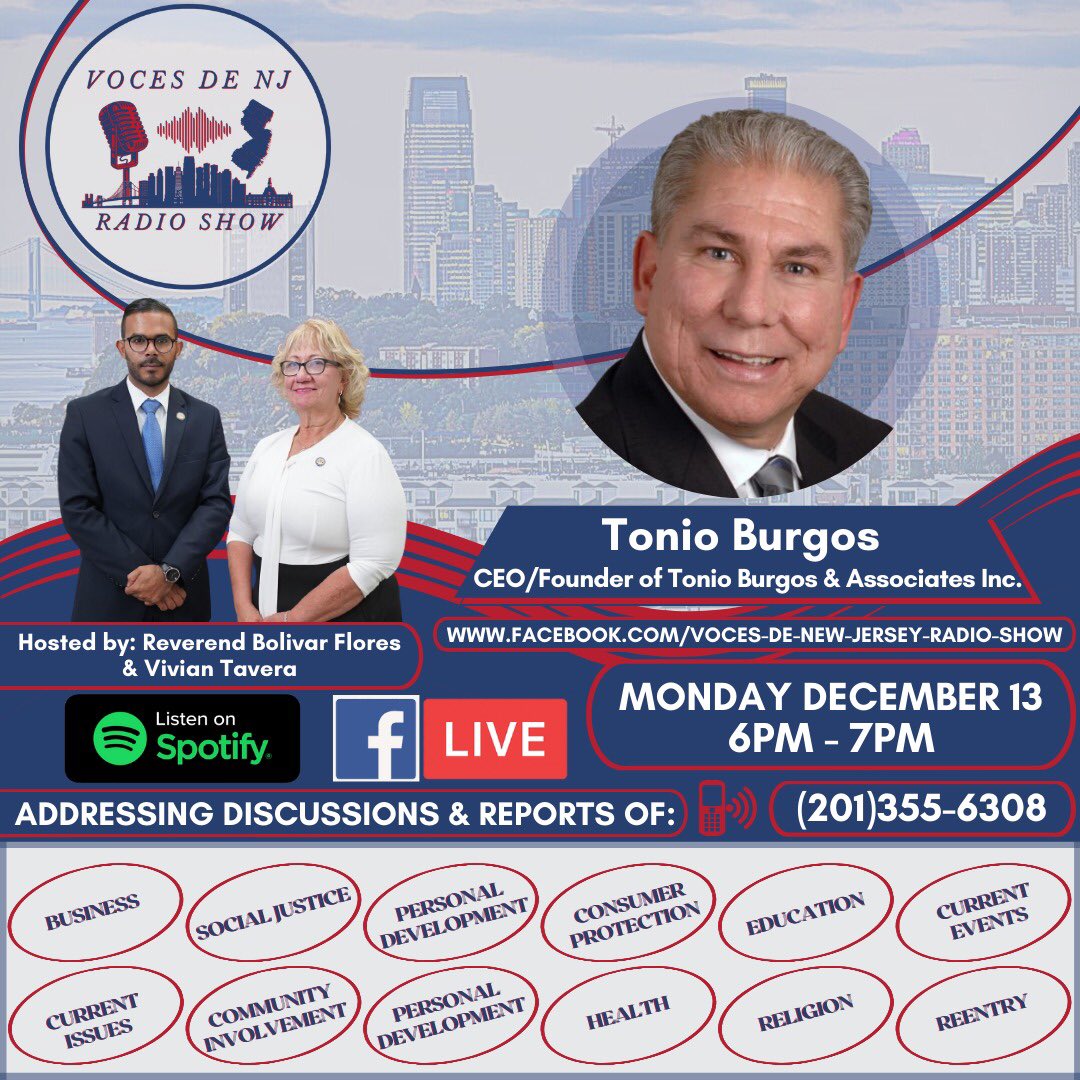 Join us this Monday to listen to the interview of Tonio Burgos, one of the most prominent Latinos in the United States of America. #voicesofnjradioshow