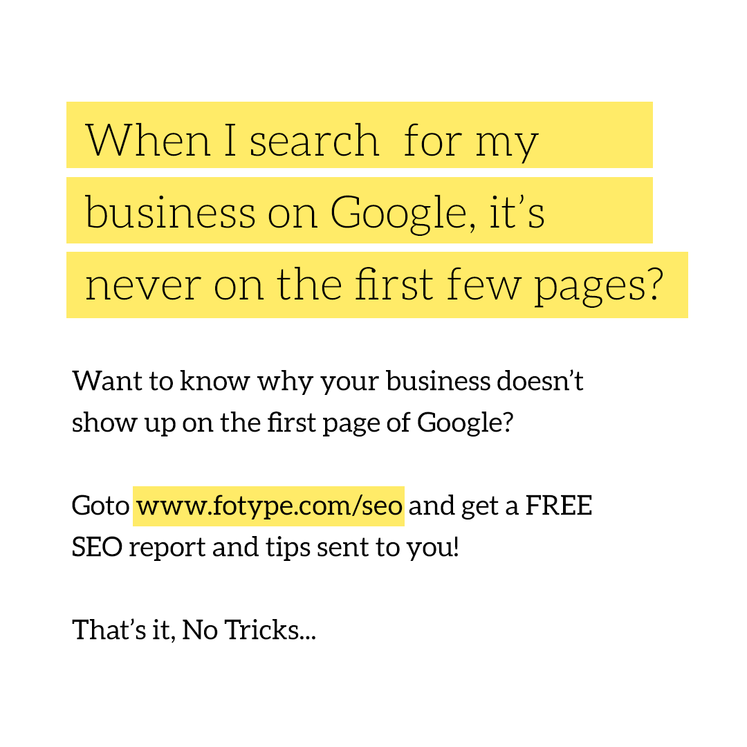foTYPE's tweet photo. Want to know why your business doesn’t show up on the first page of Google?
-
Goto https://t.co/vzOWVHKLIs and get a FREE SEO report and tips sent to you!
-
That’s it, No Tricks... https://t.co/vvU6tpnJQP