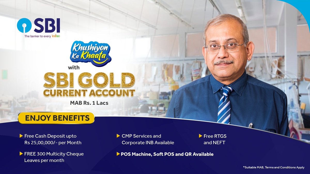 TheOfficialSBI's tweet photo. Here’s your golden chance to grow your business with SBI Current Account.
Open your account now and enjoy a wide range of benefits!
Know more: https://t.co/pWo3FK5OPo
#SBICurrentAccount #KhushiyonKaKhaata #GoldCurrentAccount https://t.co/5ExQSg2rzK