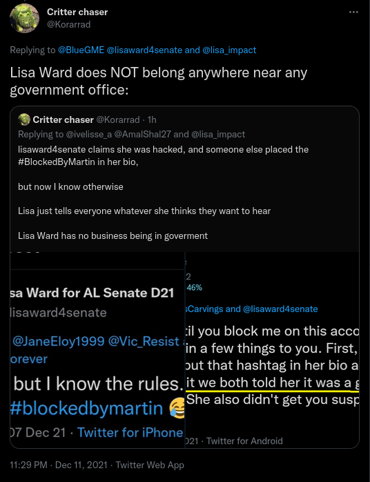 BlockedByMartin's tweet photo. Martin (@Korarrad) going after Dem AL Senate Candidate @lisaward4senate again.

#FakeResister  #BlockedByMartin 

https://t.co/i7SmRPo5e1 https://t.co/ZY66kV0JTO