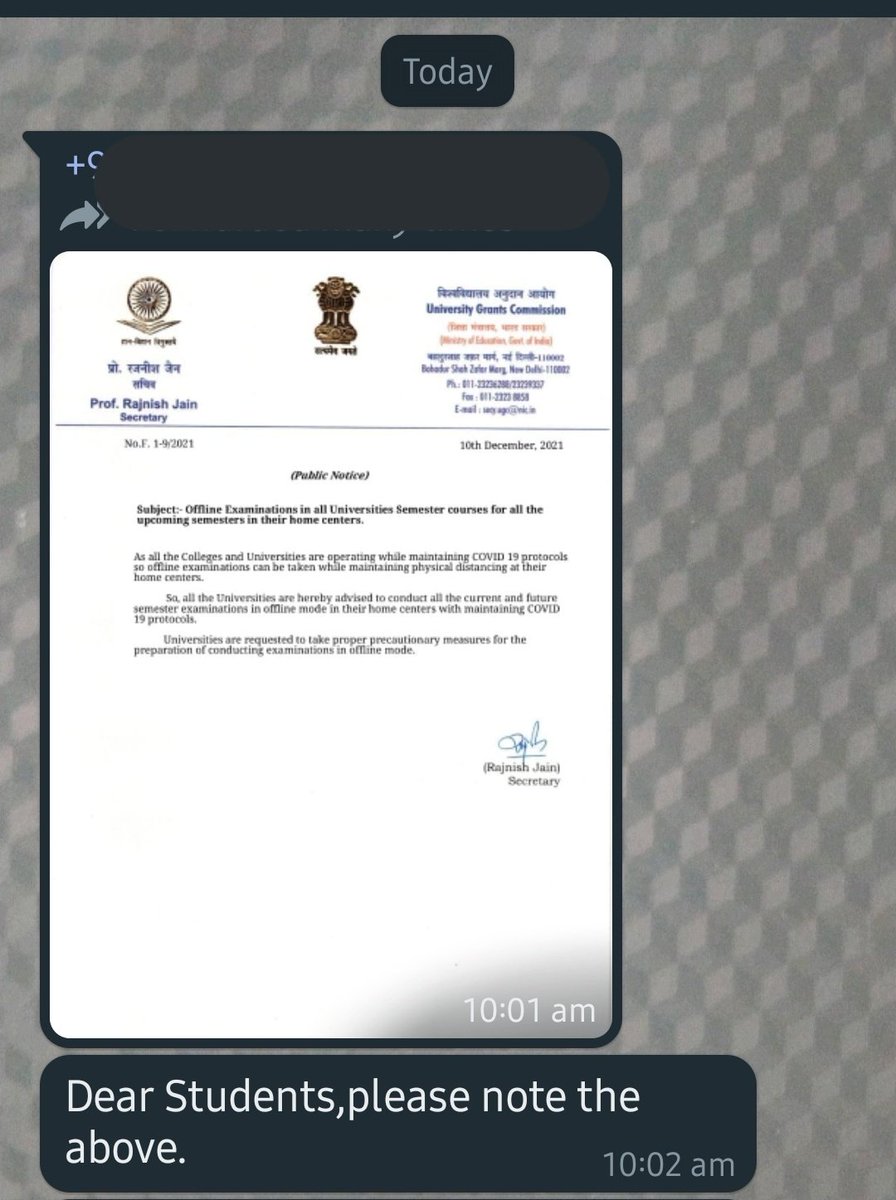 SharnagatOjal's tweet photo. Now this fake UGC notice regarding offline exams is being forwarded in the College official group by the College authorities misguiding the students.
@ugc_india @TV9Marathi @abpmajhatv @zee24taasnews @aajtak @ABVPVoice @mahaabvp @ABVPPune https://t.co/13rDrlszaz