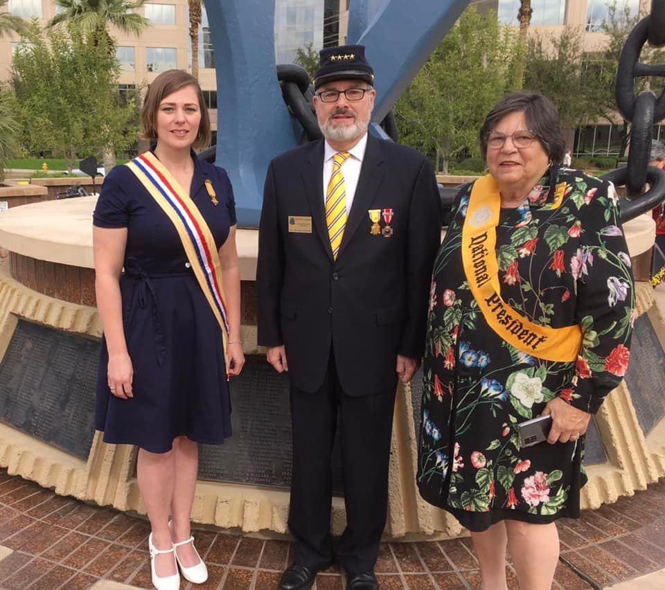 SUVCW's tweet photo. #SUVCW Commander in Chief Michael A. Paquette, #ASUVCW National President Allison Pollitt (L), and #DUVCW National President Norma Feidler in front of the anchor from the #USSArizona on Pearl Harbor Remembrance Day 2021.🇺🇸🇺🇸
#PearlHarbor #PearlHarbor80 #Leadership #AlliedOrders https://t.co/qX8VAYM00D