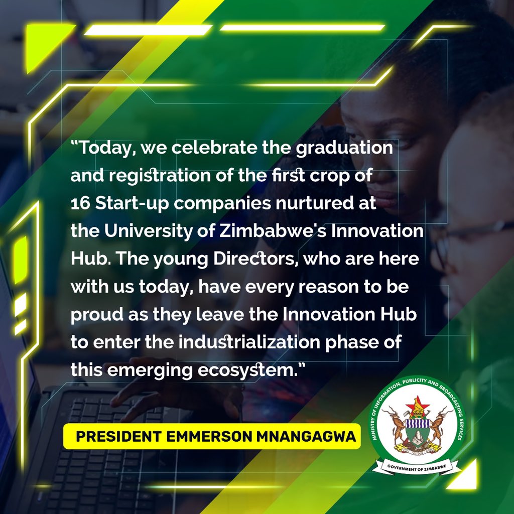 nickmangwana's tweet photo. Supporting young innovators and entrepreneurs in their creativity takes both vision and patience. ED had shown both and the first crop of 16 Start-up companies nurtured at the UZ’s Innovation have now been registered. This is modern thinking from visionary leadership.
#EDeng https://t.co/Hlrv0WOk9F