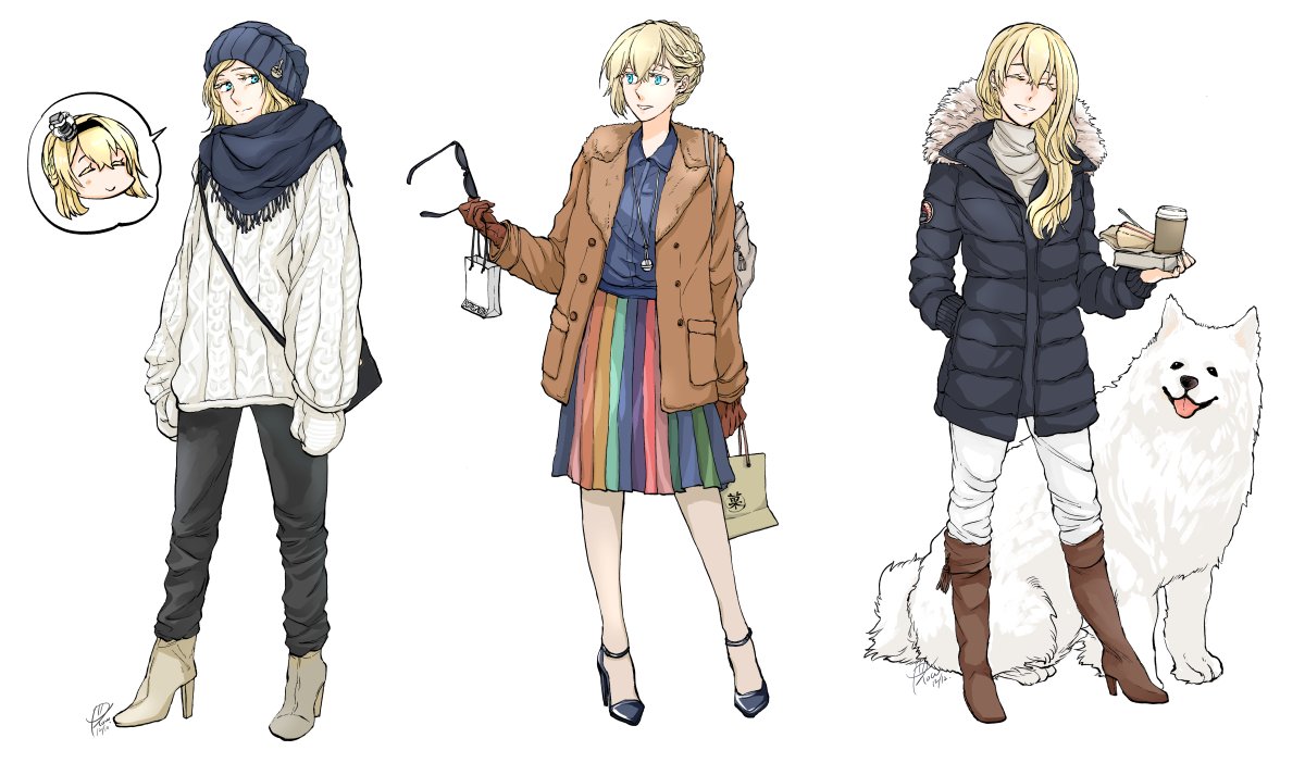 richelieu (kancolle) ,warspite (kancolle) blonde hair multiple girls boots alternate costume bag long hair scarf  illustration images