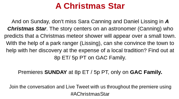 meredyleonard's tweet photo. Looking forward to seeing @DLissing #SaraCanning and #JulietteHawk in #AChristmasStar on @GACfamilyTV Sunday night! https://t.co/o4gAE59Xo8