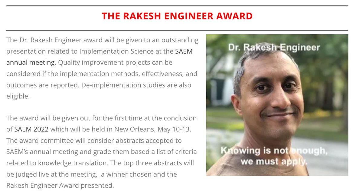 Two years ago <a href="/MetroHealth_EM/">MH/CCF/CWRU Emergency Medicine Residency</a> <a href="/metrohealthCLE/">MetroHealth</a> <a href="/ClevelandClinic/">Cleveland Clinic</a> lost #EBM champion Rakesh Engineer. This year <a href="/SAEMonline/">SAEM</a> introduces an award in his name acknowledging #innovative Implementation Science researchers - see thesgem.com/2021/12/sgem-x… with <a href="/TheSGEM/">Ken Milne MD</a> <a href="/carlydeastin/">Carly Eastin</a>