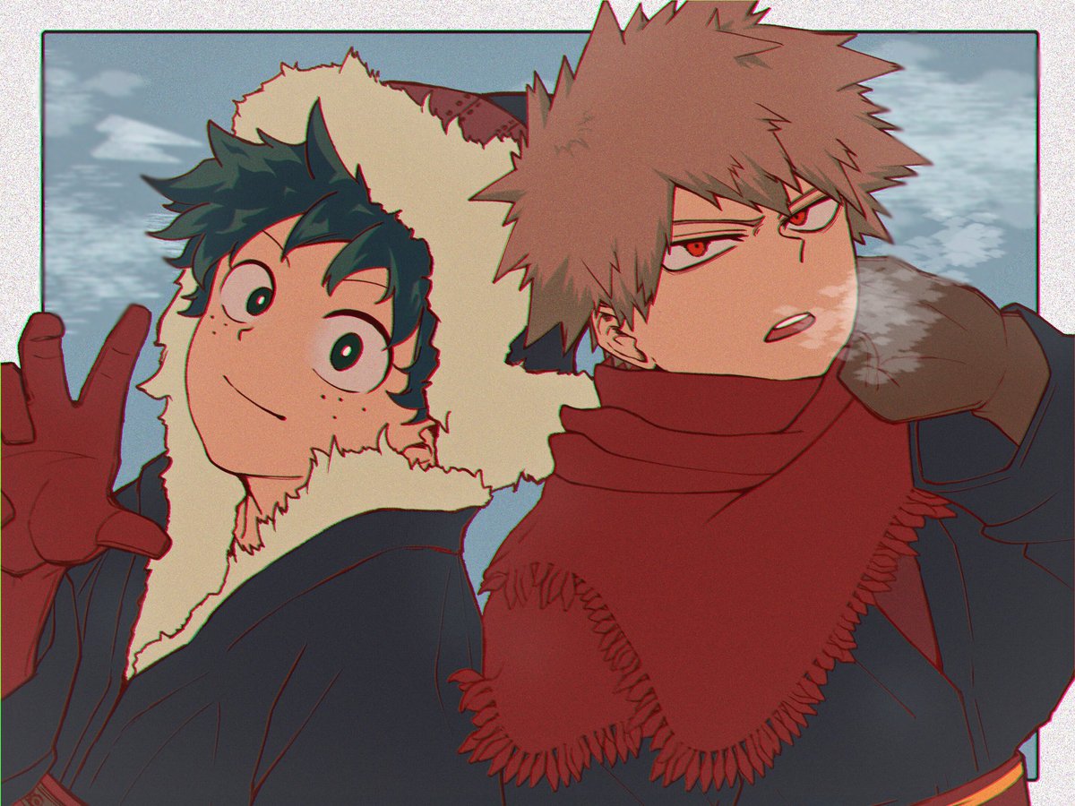bakugou katsuki ,midoriya izuku multiple boys 2boys male focus gloves green hair red scarf freckles  illustration images
