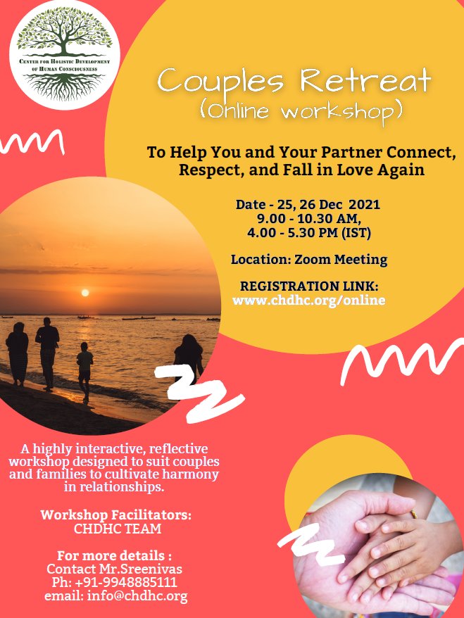 ammasrinivas's tweet photo. 🗣️ *COUPLES RETREAT (Online workshop in English)*
⏳ *DATE:* 25th and 26th Dec 2021
🕘 *TIME:* 9.00 - 10.30 AM and 4.00 - 5.30 PM
Registration Link:* https://t.co/qkwRzZdBrY
#chdhc #ammaaswa https://t.co/jqIvhH3LKZ