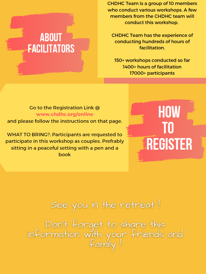 ammasrinivas's tweet photo. 🗣️ *COUPLES RETREAT (Online workshop in English)*
⏳ *DATE:* 25th and 26th Dec 2021
🕘 *TIME:* 9.00 - 10.30 AM and 4.00 - 5.30 PM
Registration Link:* https://t.co/qkwRzZdBrY
#chdhc #ammaaswa https://t.co/jqIvhH3LKZ