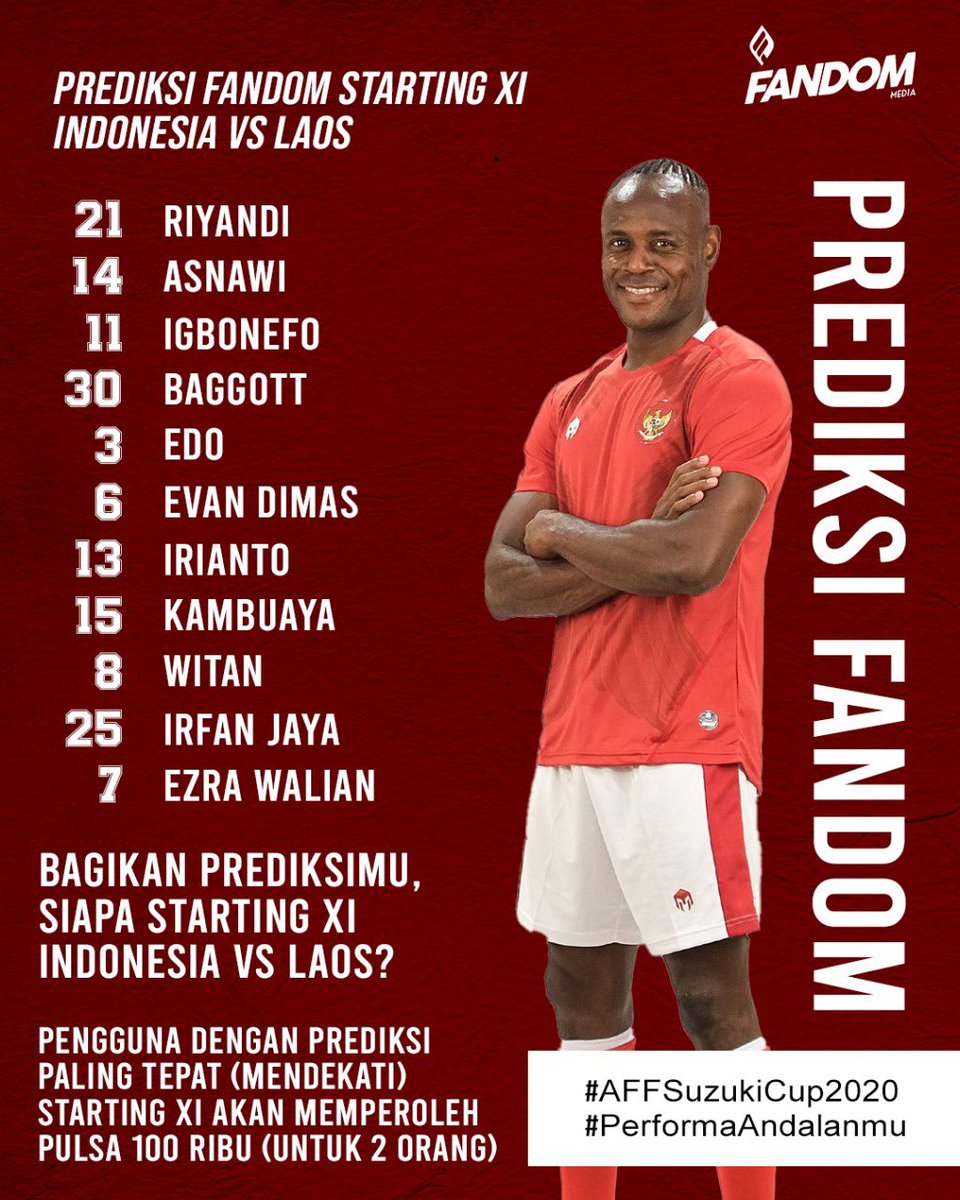Fandom_ID's tweet photo. [PREDIKSI SEBELAS PERTAMA]

1. RT dan Like Twit ini
2. Reply dg prediksimu siapa saja 11 pemain inti Indonesia vs Laos
3. Follow akun @Fandom_ID 
4. Prediksi yg tepat atau paling mendekati akan memperoleh hadiah pulsa 100rb untuk 2 pemenang

#AFFSuzukiCup2020 #PerformaAndalanmu https://t.co/S6g2W2K7o8