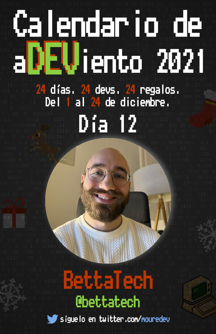 MoureDev's tweet image. 📢 Bienvenid@s al "calendario de aDEViento" 2021!
🗓 Día 12: BettaTech es ingeniero de software y creador de contenido.
🎁 Nos regala el grandísimo libro "Cracking the Coding Interview"
🎟 Participa haciendo RT 🔁 del reloj y siguiéndolo ✅ @BettaTech