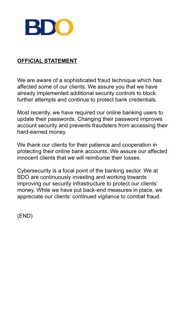 leecochip's tweet photo. PH’s biggest bank BDO said it will soon reimburse affected clients ⁦@manilabulletin⁩ https://t.co/nBFxBSCvak