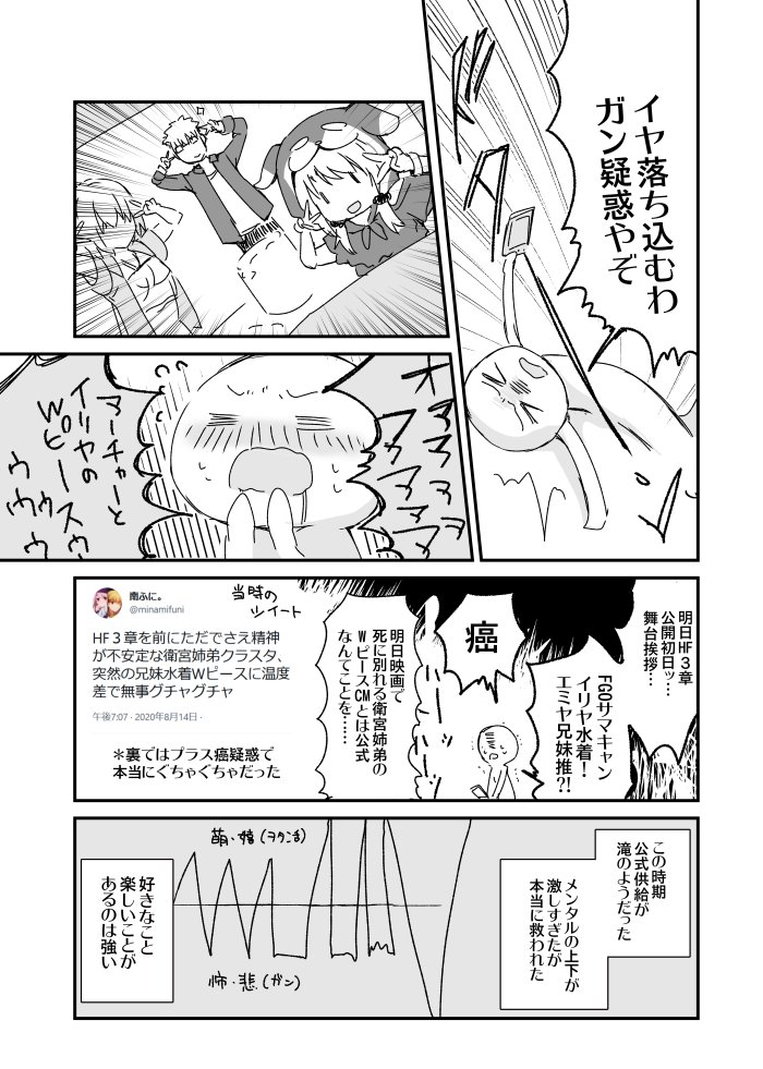 【日記漫画。】ガン疑惑と推し兄妹(姉弟)の怒涛の供給が同時に来た夏(1/2)
ちょうどサマーキャンプとHF3章の時だったので、テンションの乱高下がすごい。