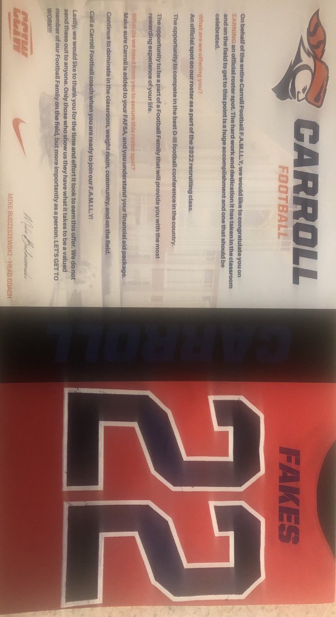 ColtonFakes8's tweet photo. After a great visit at Carroll, I’m excited to receive an official offer to play at Carroll university! Thank you @CoachBuddah @CoachSchley https://t.co/kCkUh9Jrvr