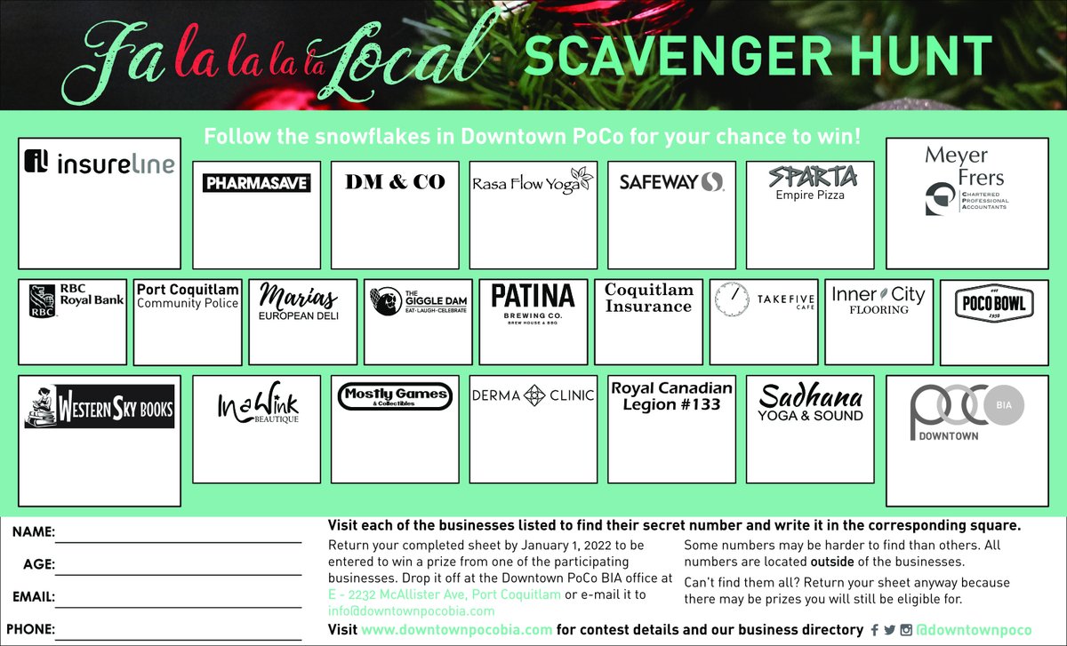 Looking for a fun and free activity to do with your friends this holiday season? We’ve got you covered with our Fa La La Local Scavenger Hunt. 

Get your Fa La La Local Scavenger Hunt sheet from downtownpocobia.com/fa-la-la-local…

#scavengerhunt #portcoquitlam #shoplocal #shoppoco