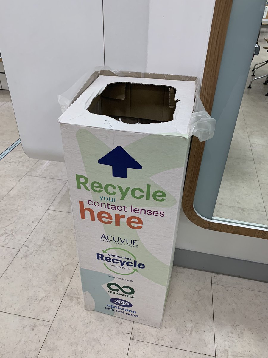LRecycles's tweet photo. Contact lens wearer? Please recycle any cardboard packaging in your blue bin. Did you know you can also take your used plastic lens containers to the deposit box in Boots Chemist Clayton Square for recycling. Thank you. #liverpoolrecycles 👁♻️ https://t.co/S0lZ5MKZfM