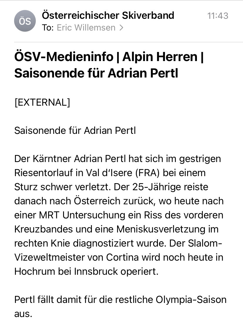 eWilmedia's tweet photo. Confirmation that slalom world championship 🥈 Adrian #Pertl is out for the rest of the Olympic season.
#FISAlpine #ValdIsere https://t.co/CESwfhN96w