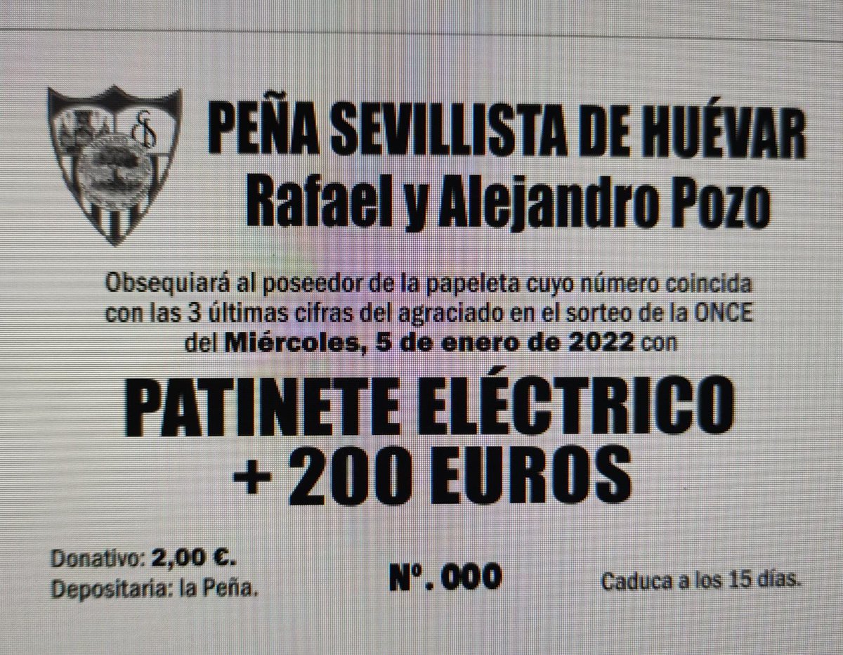 No te quedes sin tu papeleta de nuestra Peña Sevillista con un maravilloso premio de 200€ y un patinete eléctrico (valorado en 300€ por si quieres en metálico).