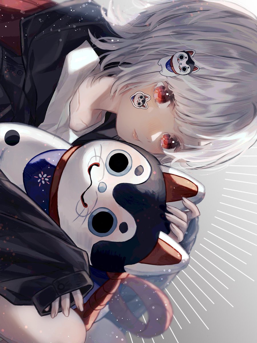 1girl red eyes jacket solo white hair looking at viewer hair ornament  illustration images