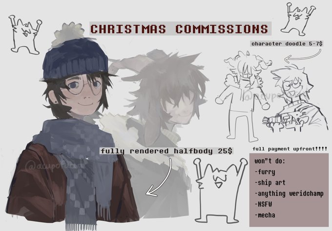 CHRISTMAS COMMS!
(rt's really appreciated)
#commissionsopen 
dm me if interested!
paypal only 