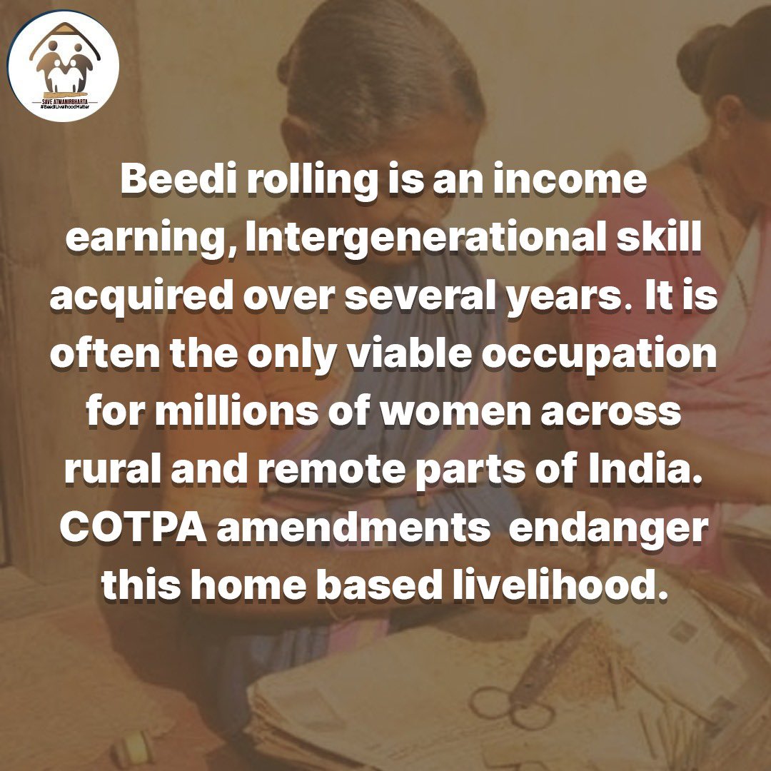 BeediLivelihood's tweet photo. COTPA amendments to spell doom for the only end to end Swadeshi industry in the country. 
.
#BeediLivelihoodsMatter #employment #बीड़ीसेकोटपाहटाएँ #beedimakers @PMOIndia @NarendraModi @LabourMinistry @byadavbjp @sharmarekha https://t.co/6ovGE8Qofg
