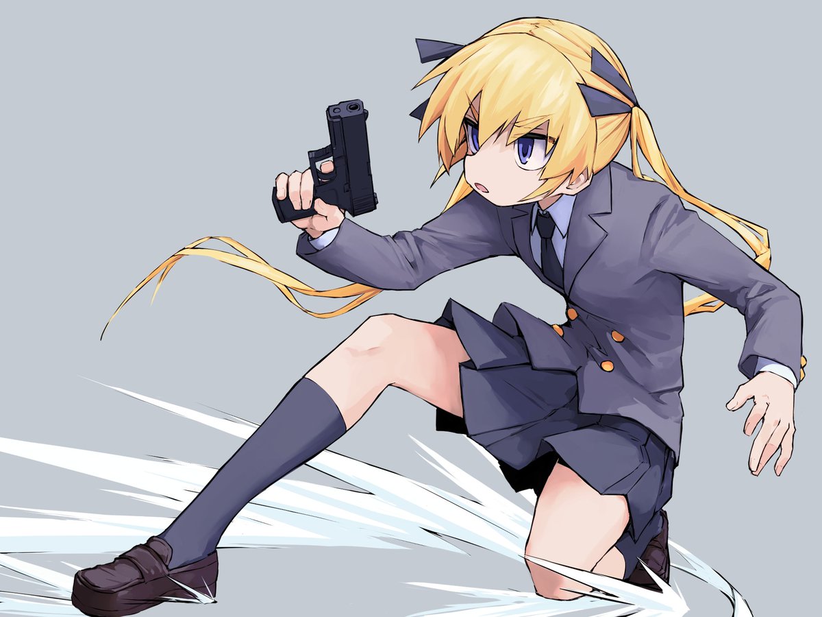 sonya (kill me baby) 1girl blonde hair weapon twintails solo gun skirt  illustration images