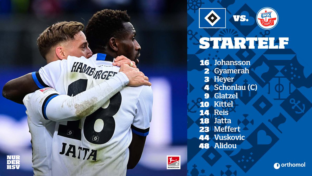 HSV's tweet photo. Unsere Startelf für den Hinrunden-Abschluss gegen @HansaRostock:
Johansson, Gyamerah, Heyer, Schonlau (C), Glatzel, Kittel, Reis, Jatta, Meffert, Vuskovic, Alidou 🔷
#nurderHSV #HSVFCH #Bundesliga2 https://t.co/pqRKKfVewO